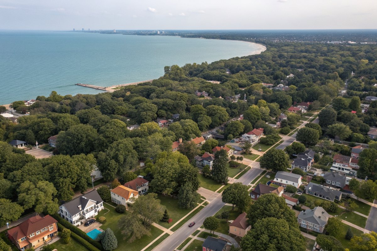 Aerial view of tree-lined streets of homes along the Lake Michigan shoreline