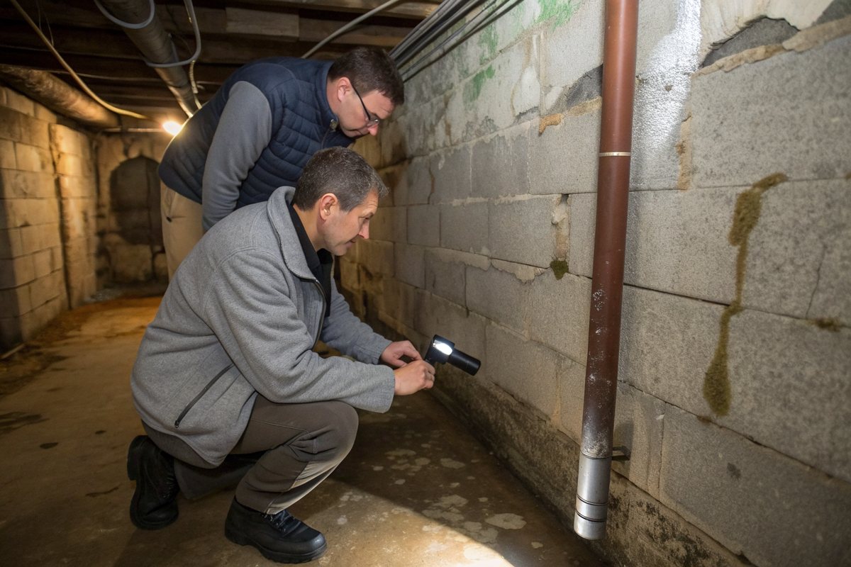 Two people with a flashlight looking at a damp stain on an old basement wall