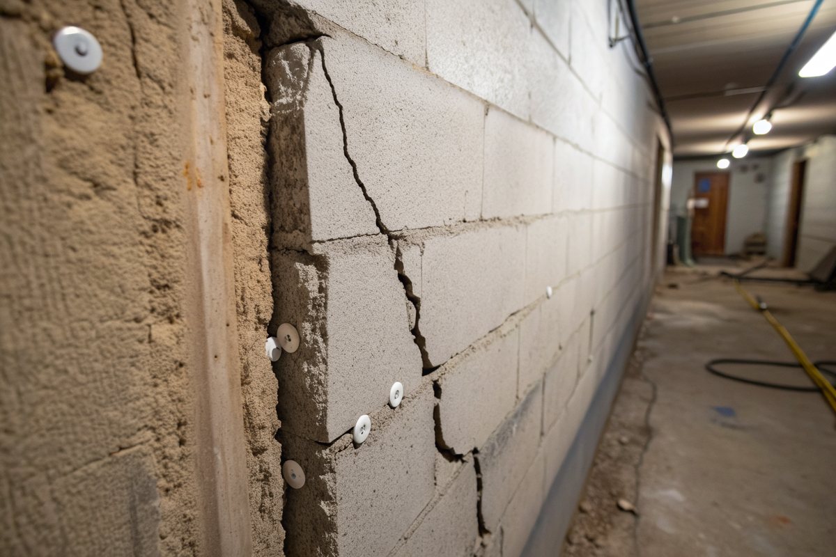 A vertical crack in a basement wall with small white injection ports set along it