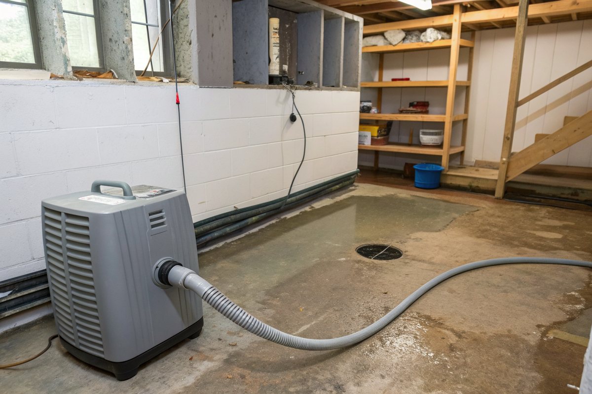 A gray dehumidifier with a drain hose in an unfinished basement with storage shelves