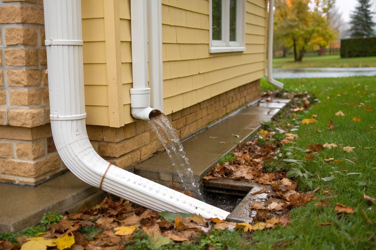 A white downspout extension carrying rainwater across a lawn away from a brick foundation