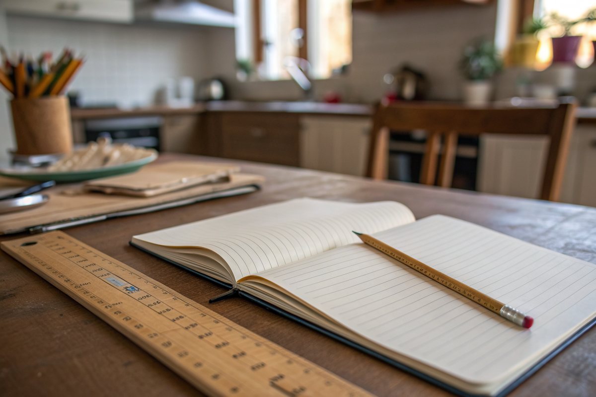 A blank notepad, a pencil and a folding ruler on a kitchen table