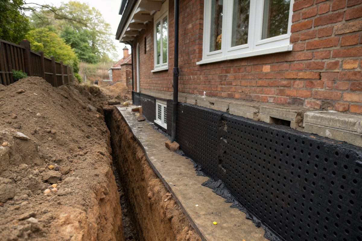 An open trench along a brick house foundation coated in black waterproofing and drainage board