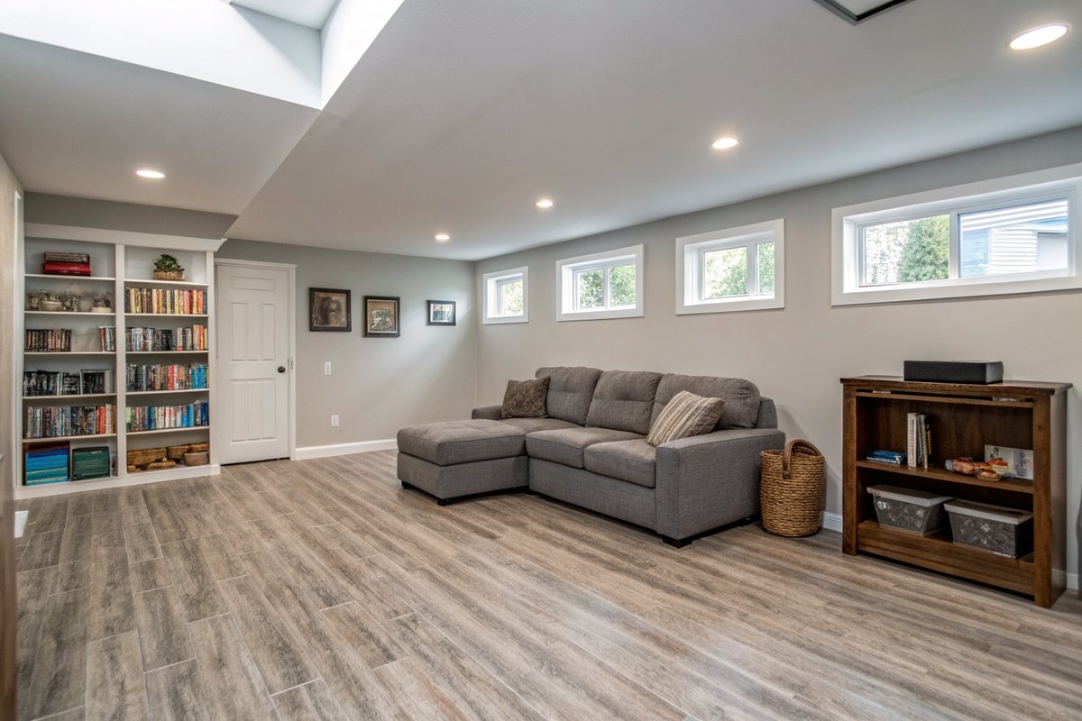 A bright finished basement rec room with plank flooring, a gray sectional sofa and high windows