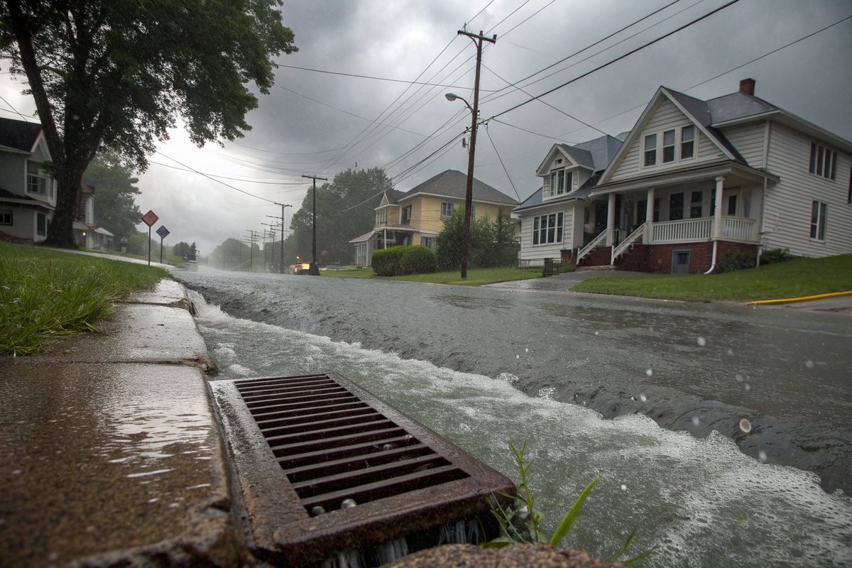 Heavy rain running along the curb of a street of older frame houses into a storm drain