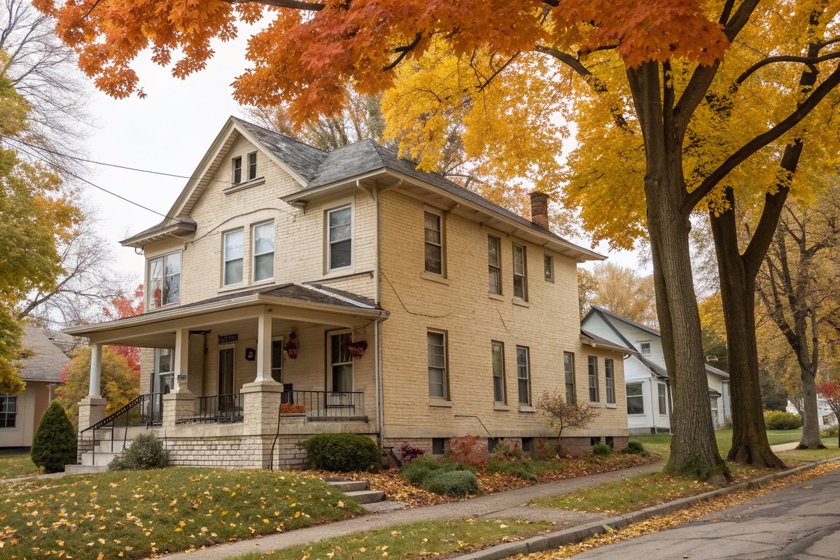 A two-story cream brick house with a front porch and small basement windows on a tree-lined street in autumn