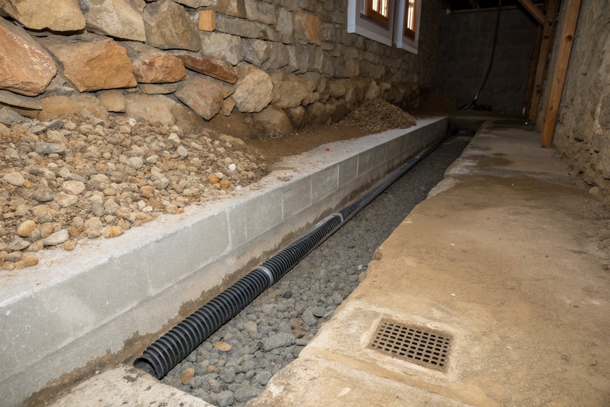 A channel cut into a basement floor along a stone foundation wall, holding gravel and a black drain pipe