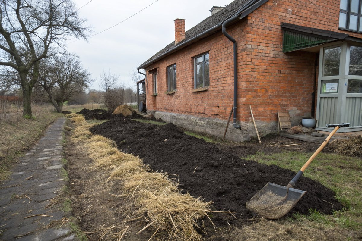 Fresh soil graded away from the foundation of an older brick house, covered with straw, with a shovel nearby