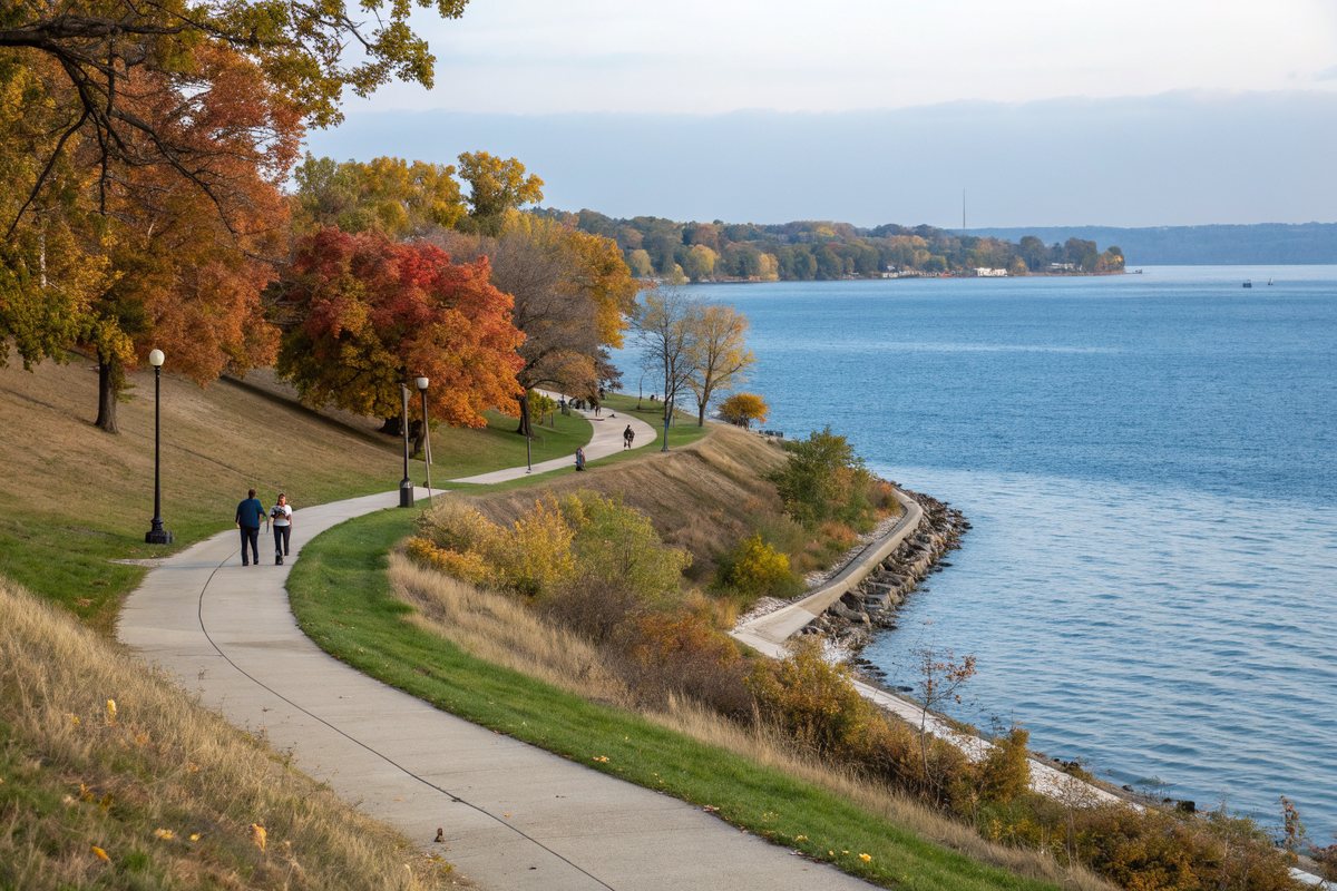 A lakefront path along Lake Michigan lined with trees in autumn color