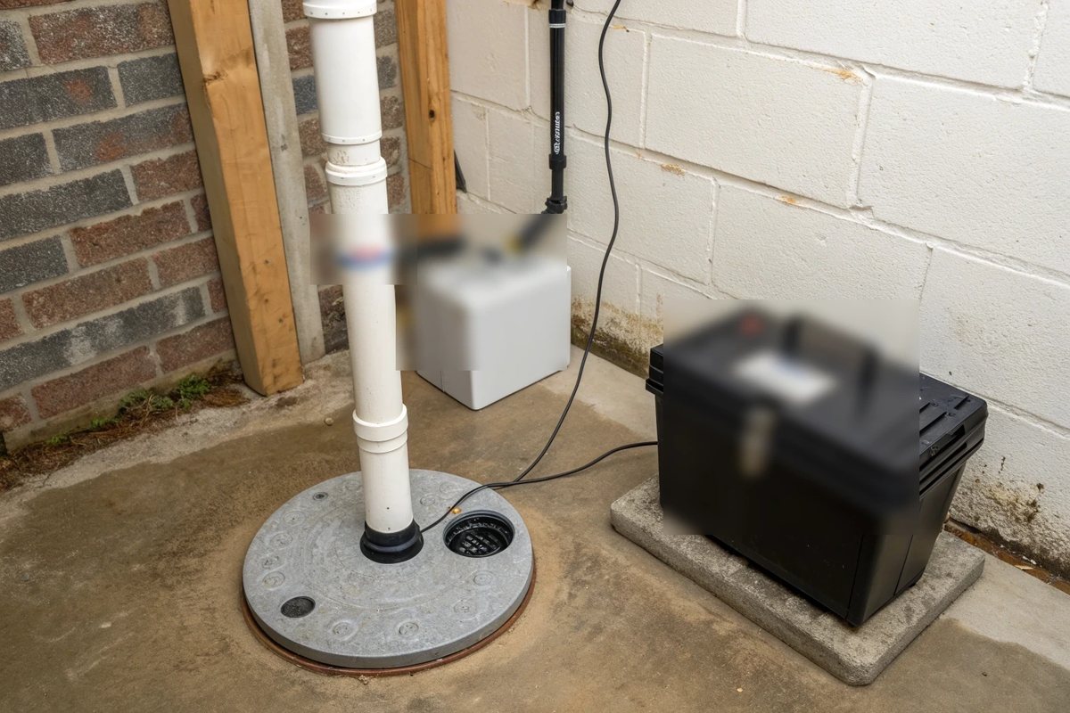 A sealed sump lid with a white discharge pipe and a backup battery box in a basement corner