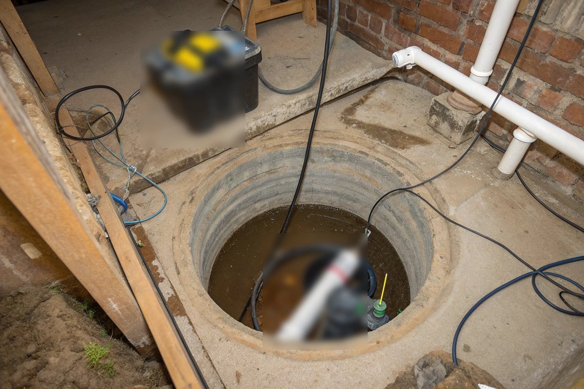Looking down into a round sump pit with a submersible pump and a white discharge pipe