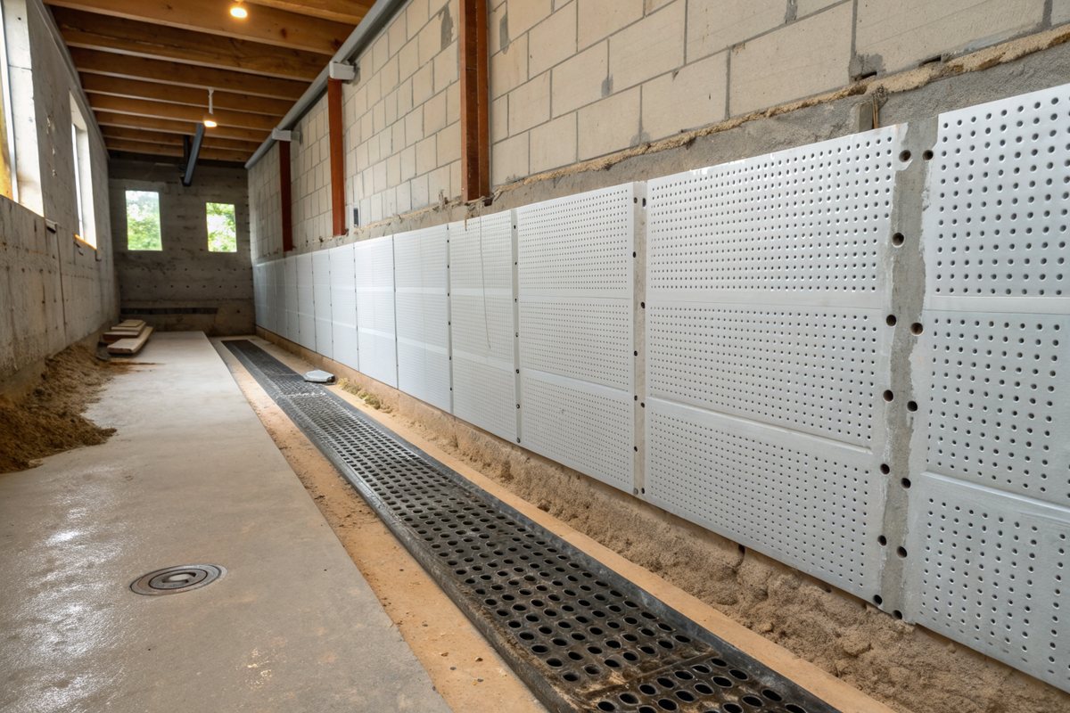 Dimpled drainage panels fastened along a basement wall above a floor drain channel
