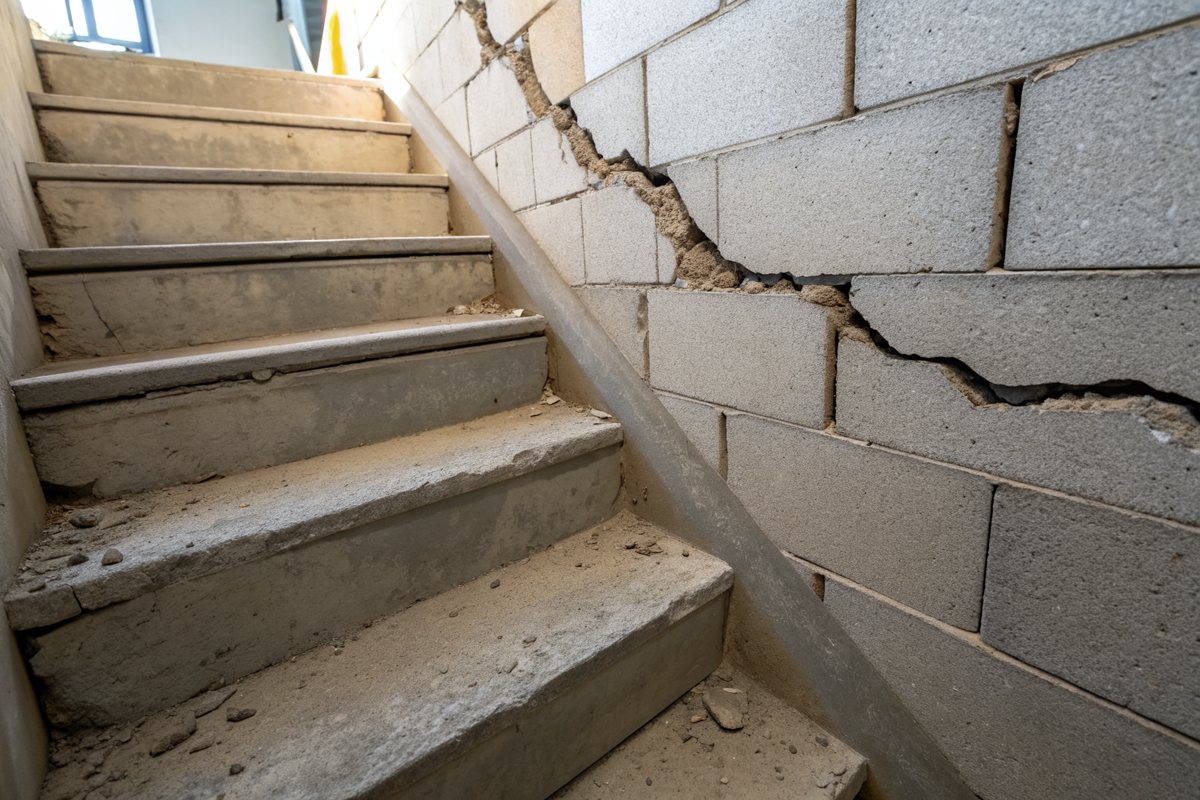 A stair-step crack through the mortar joints of a block basement wall beside the basement stairs