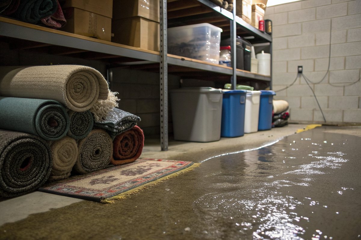 Shallow water spreading across a concrete basement floor beside shelves of bins and rolled-up rugs