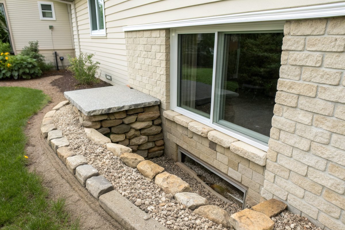 A stacked-stone window well with a gravel bottom beside a basement window on a cream brick house